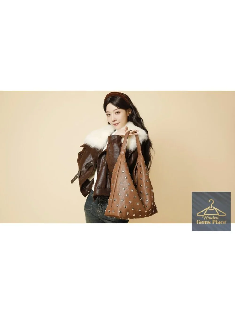Studded Hobo Purse for Women, Leather Tote Bag with Rivet Studs